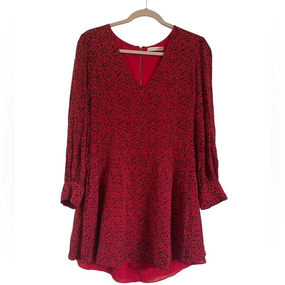 Alice + Olivia Polly Red Leopard Mini Dress Fit & Flare Long Sleeves, Size 10 - Picture 2 of 7